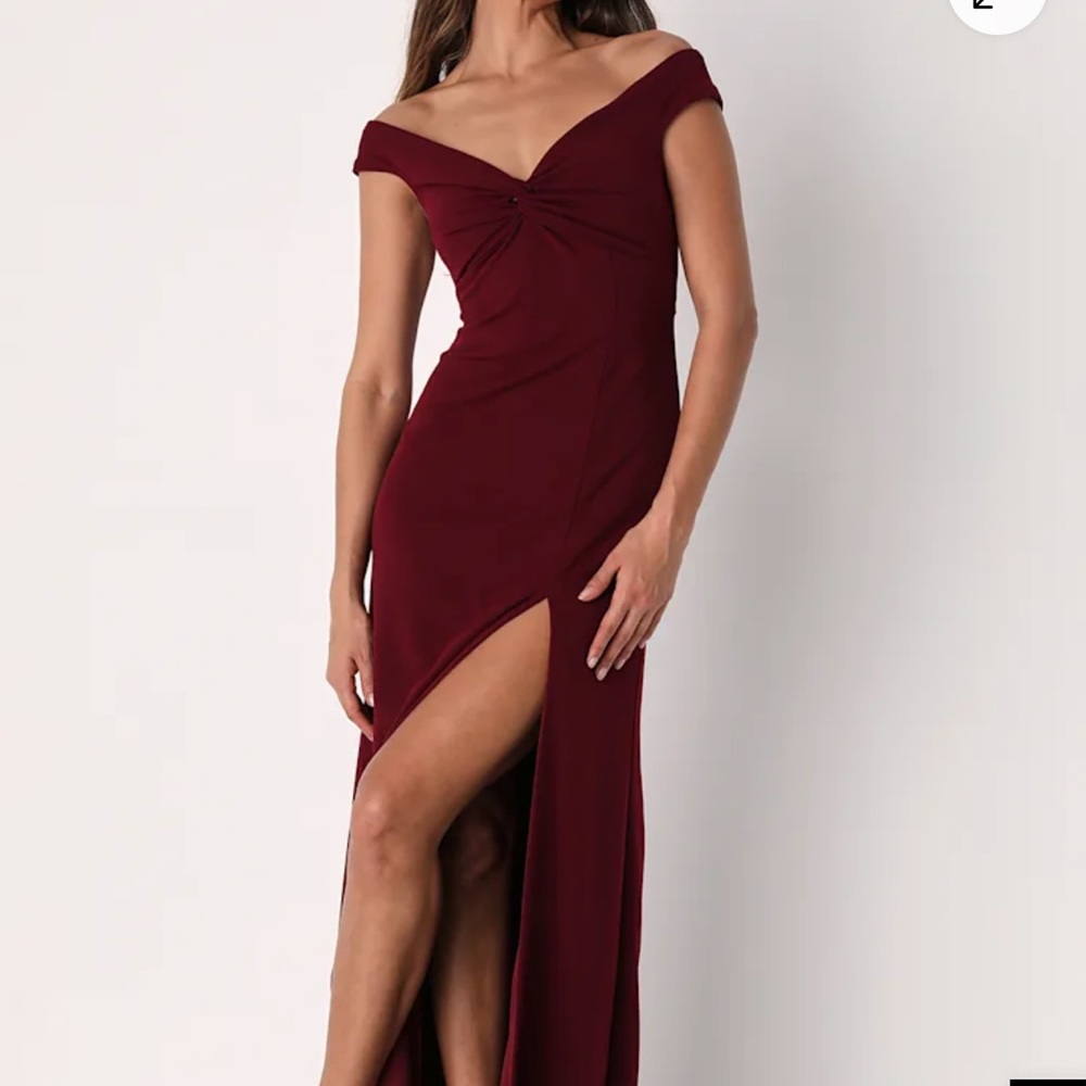 Lulu's Burgundy Off-Shoulder Twist Front Gown